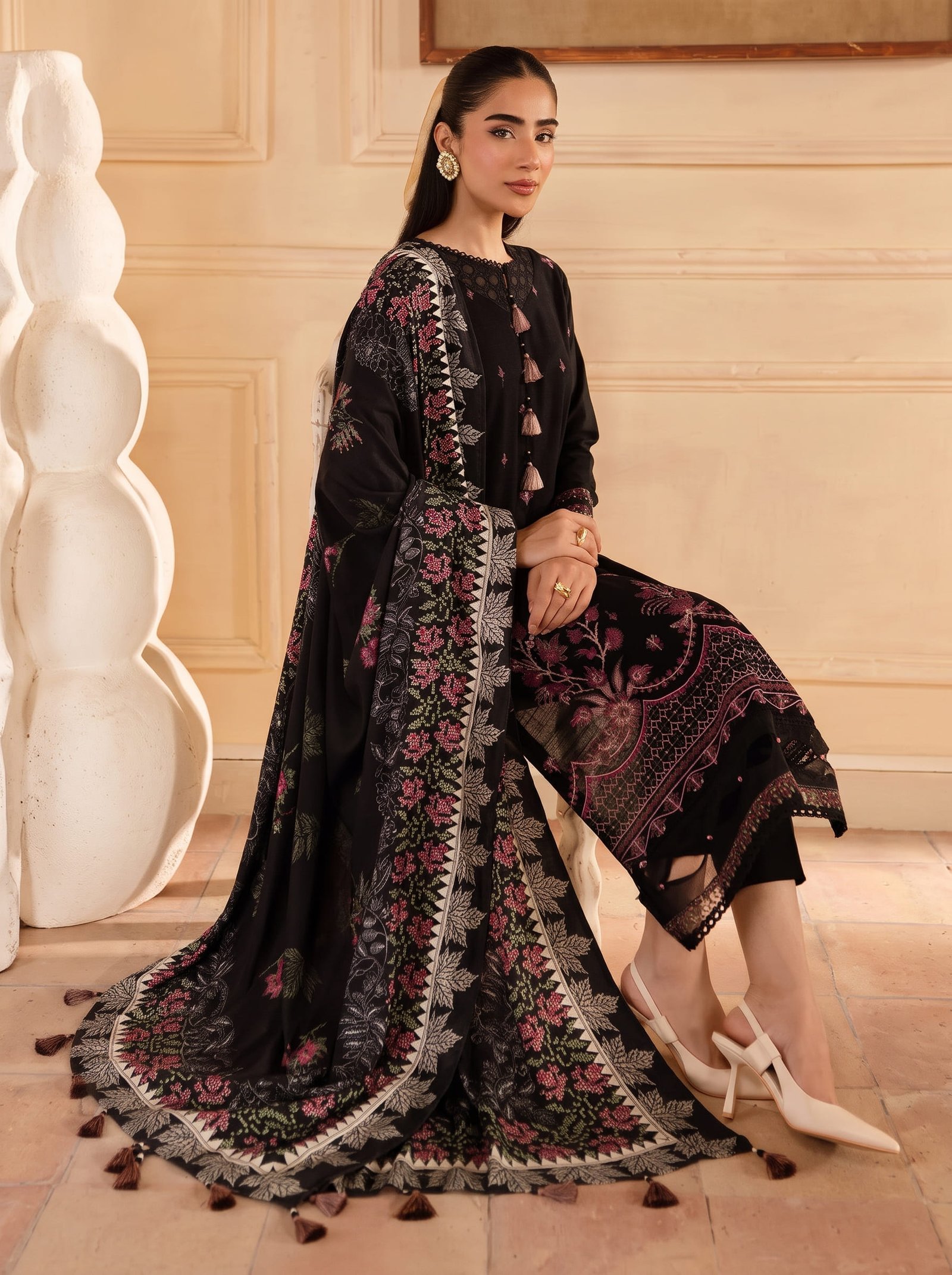 Nightfall Grace Pure Dhanak 3-Piece Embroidered Dress with Pashmina Wool Shawl Image 2