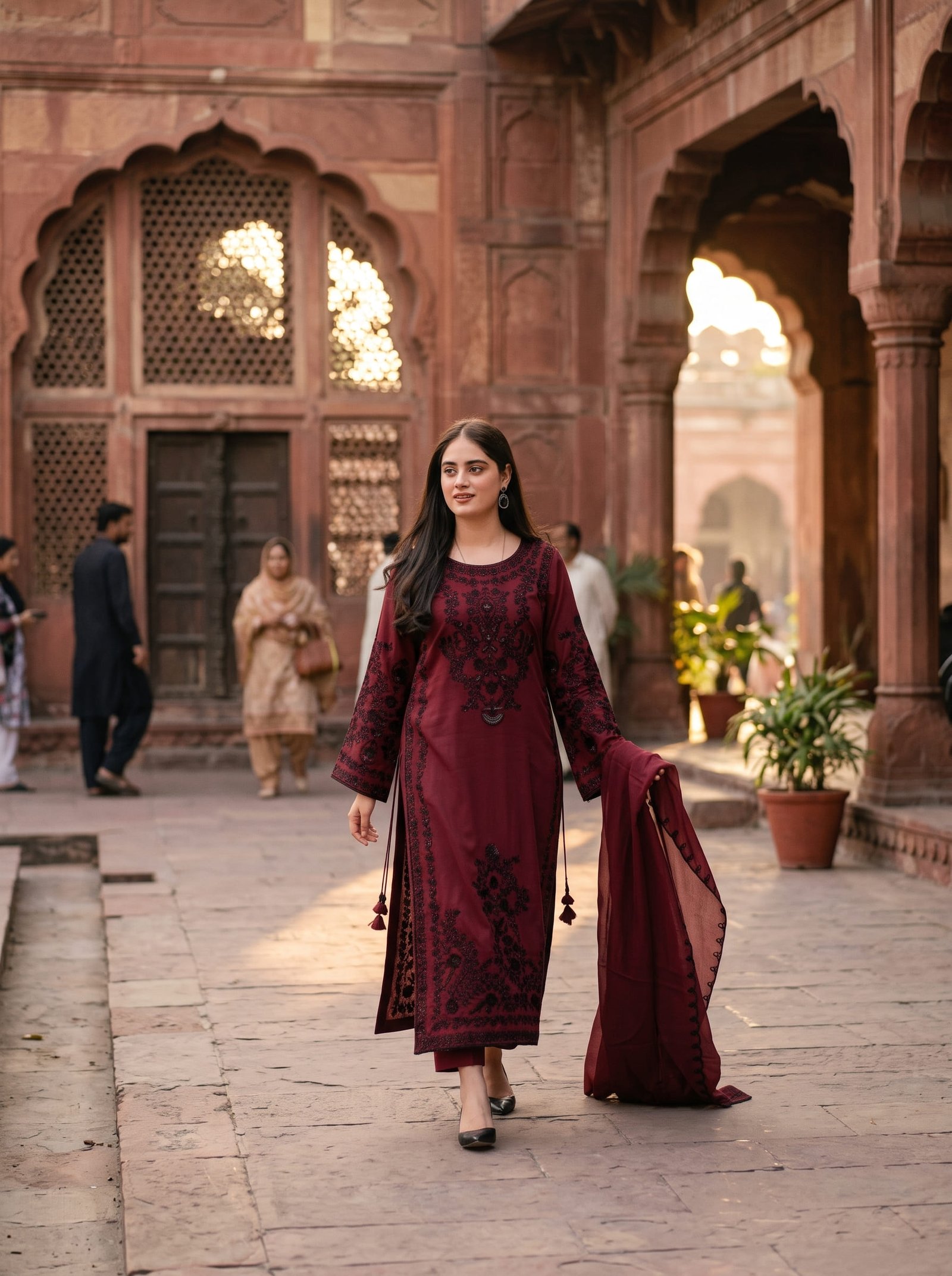 Wineberry Charm Pure Dhanak 3-Piece Embroidered Dress with Pashmina Wool Shawl Image 2
