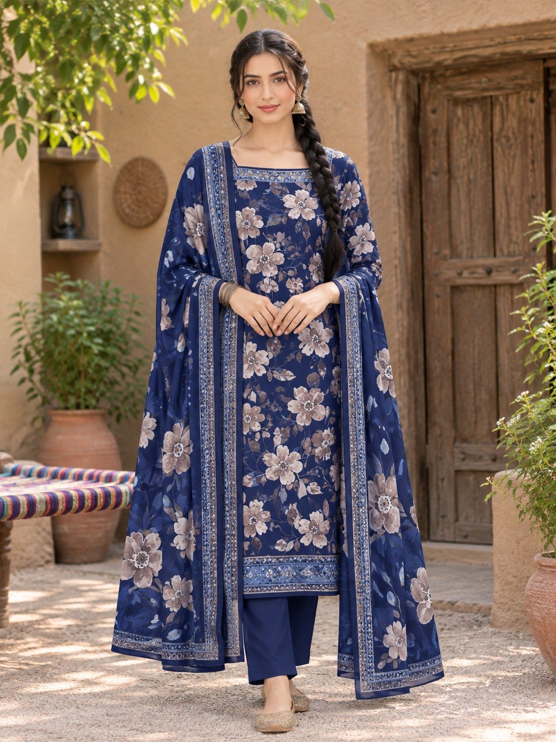Blue Floral Linen 3 Piece Suit – Digital Printed Collection Bonanza