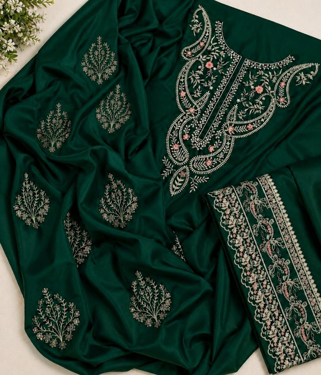 Elegant Emerald Embroidered Silk 2-Piece Unstitched Suit Image 2
