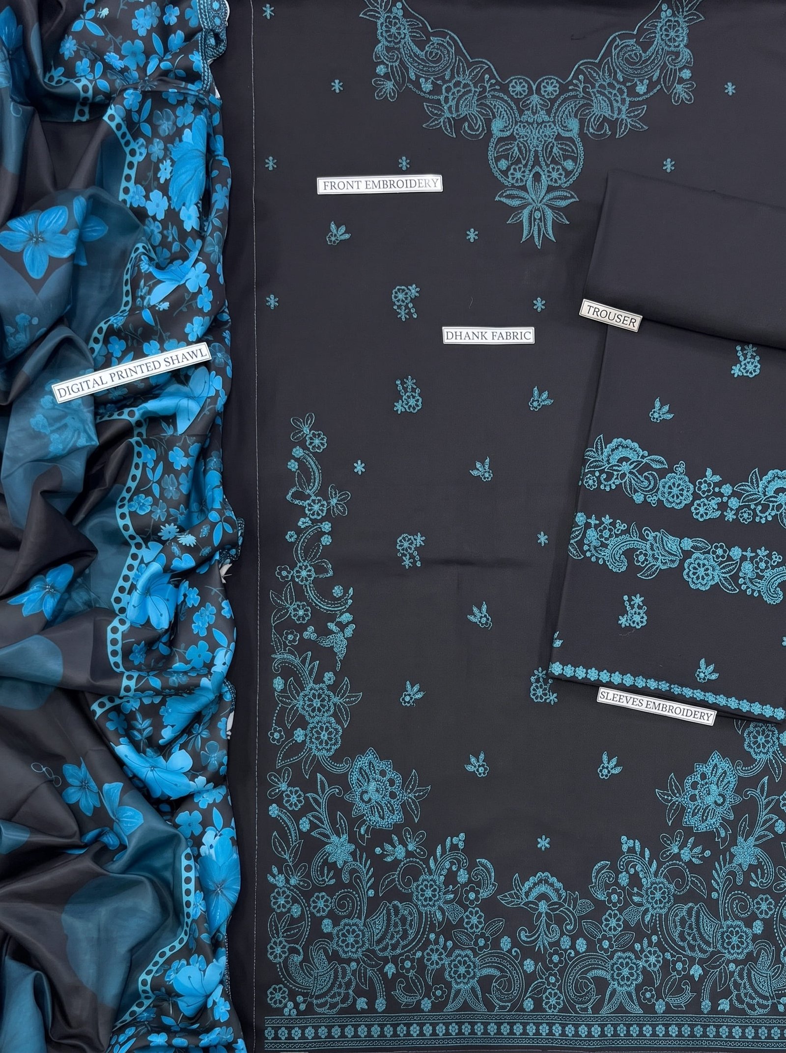 Teal & Black Ethnic Pure Dhanak 3-Piece Embroidered Dress with Pashmina Wool Shawl Image 3