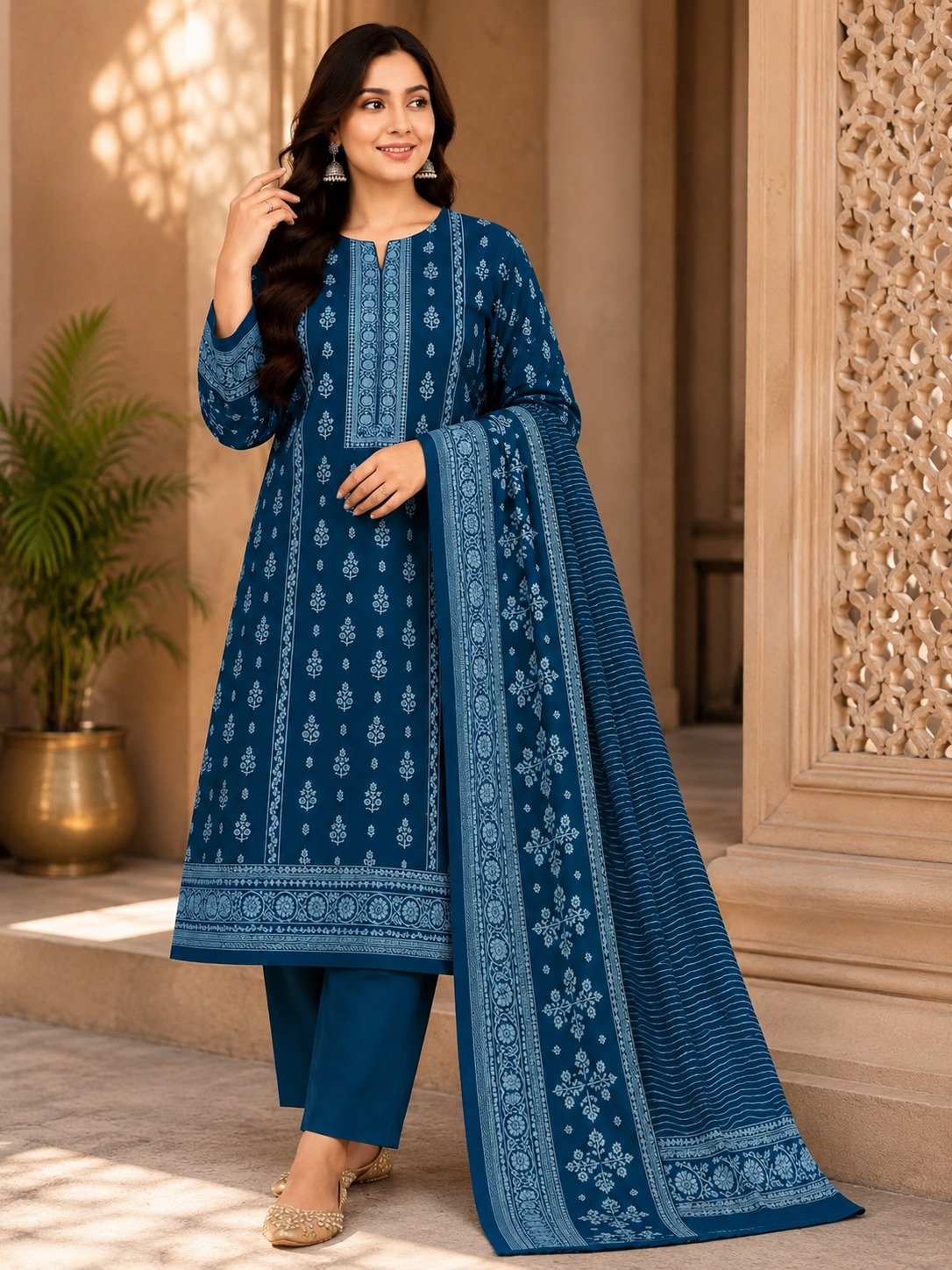 Elegant Blue Printed Kashmira Wool Marina 3 Piece