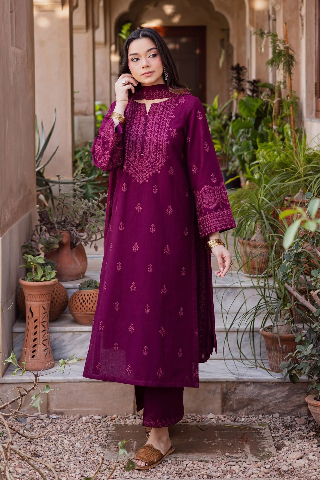 Plum Charm 3-Piece Dhanak Embroidered Suit with Chiffon Embroidered Dupatta