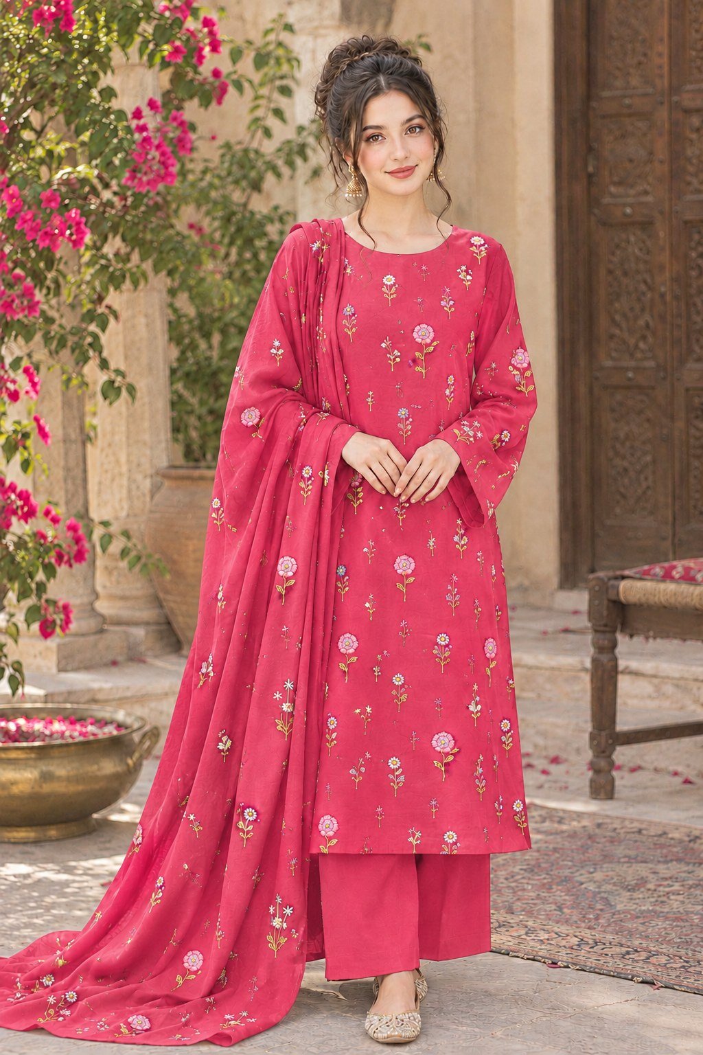 Rose Pink Dhanak Embroidered 3 Piece Suit with Dhanak Shawl