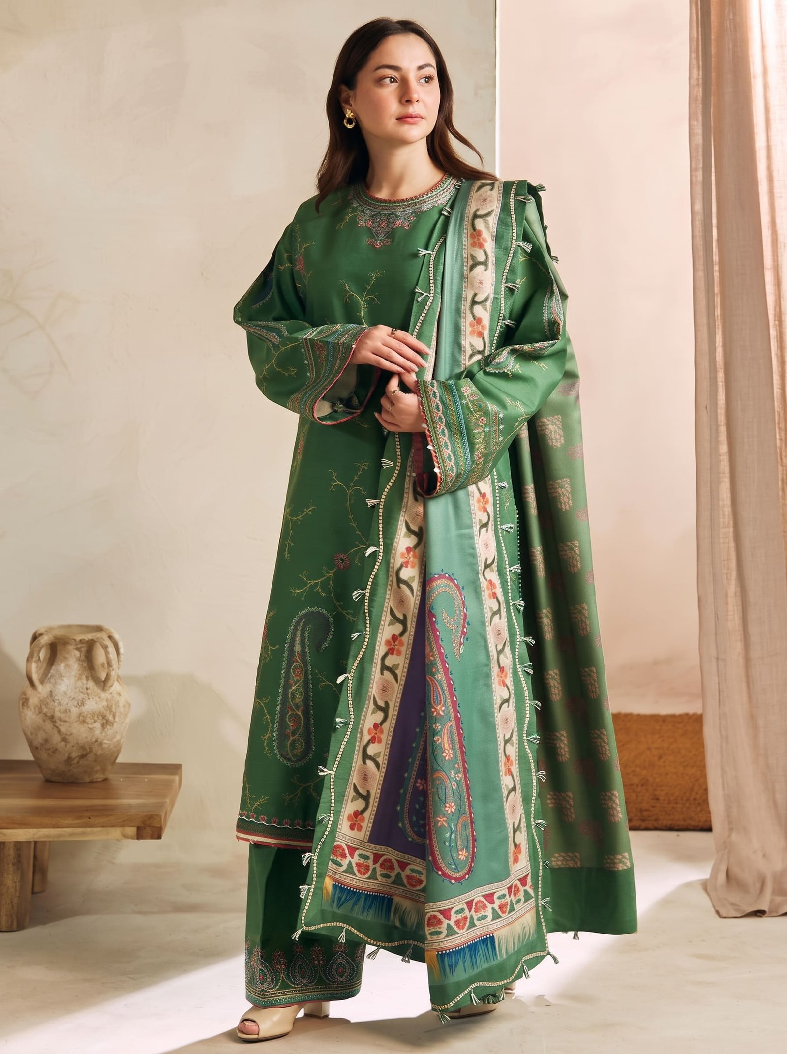 Lime Whisper Pure Dhanak 3-Piece Embroidered Dress with Pashmina Wool Shawl Image 2