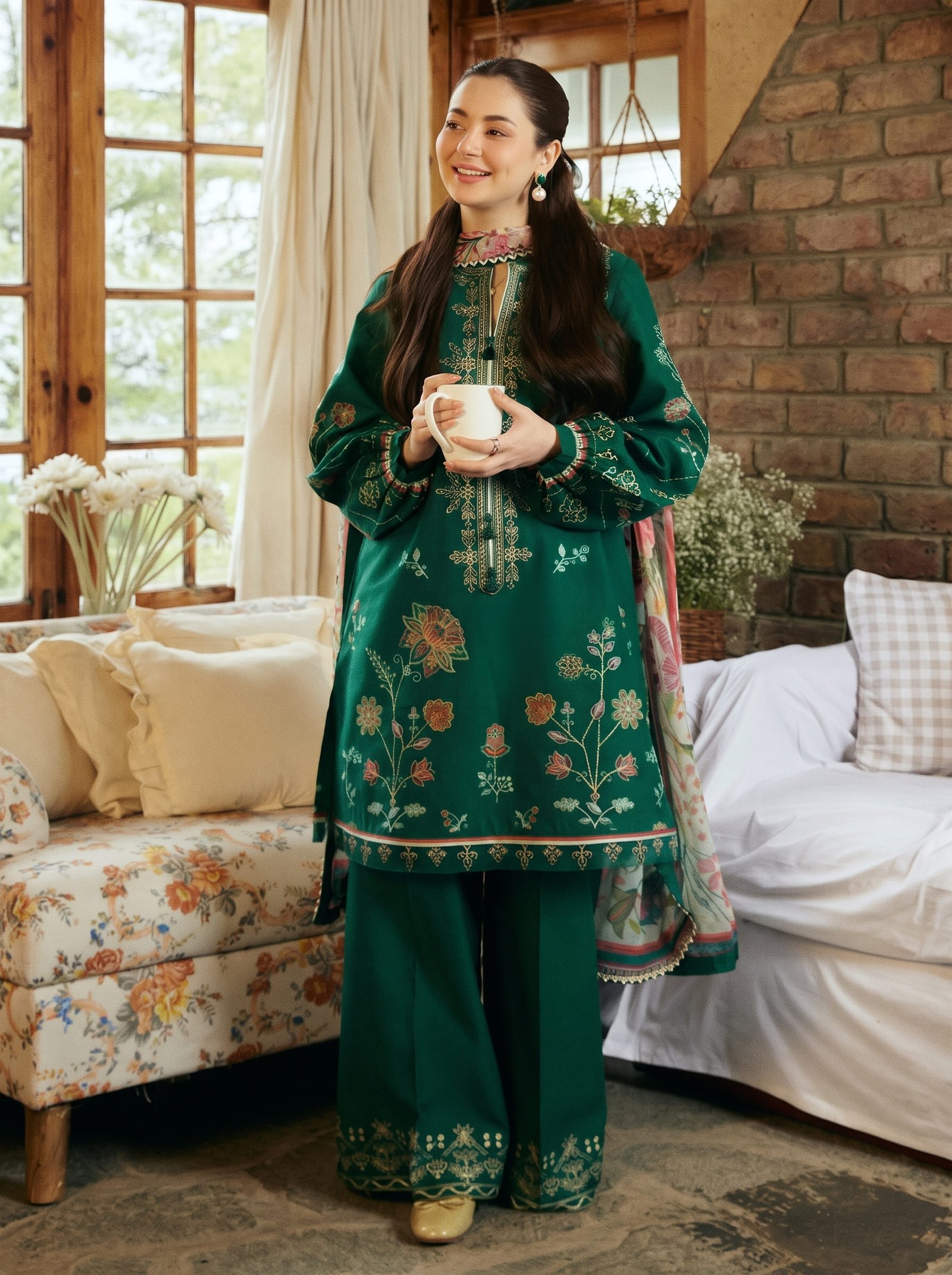 Bottle Green Pure Dhanak 3-Piece Embroidered Dress with Pashmina Wool Shawl