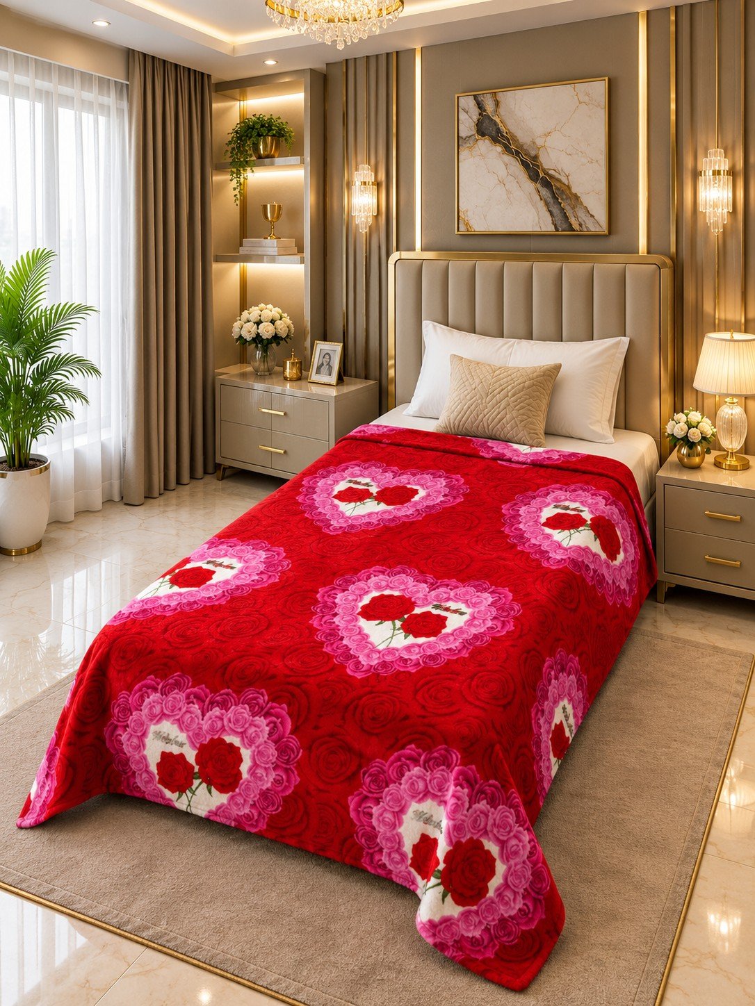 Red Floral Single Bed AC Blanket - Soft Fleece, Elegant Design