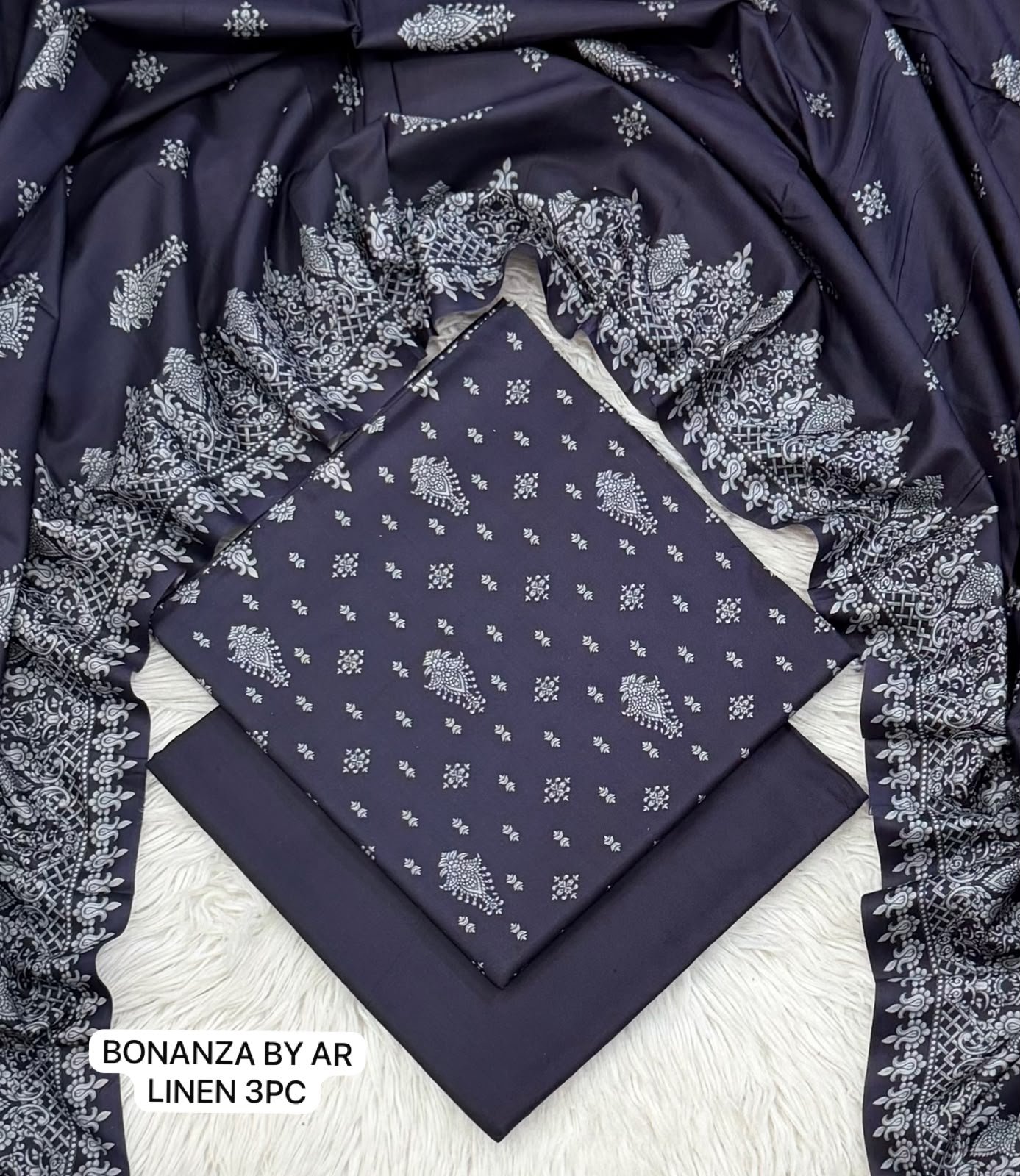 Midnight Blue Linen 3 Piece Suit – Digital Printed Collection Bonanza Image 2