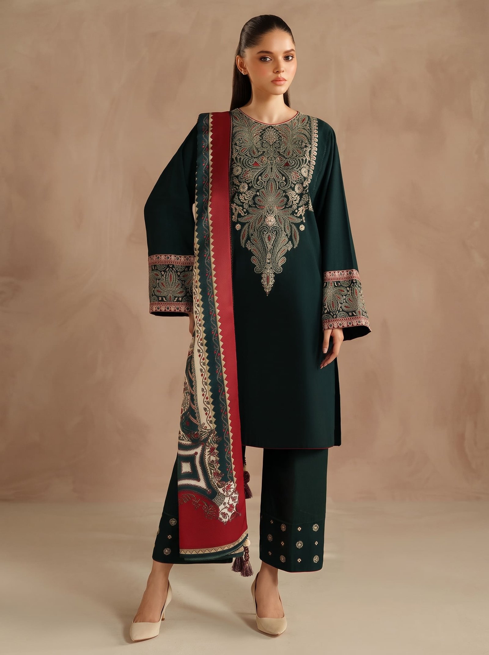 Noir Grace Pure Dhanak 3-Piece Embroidered Dress with Pashmina Wool Shawl